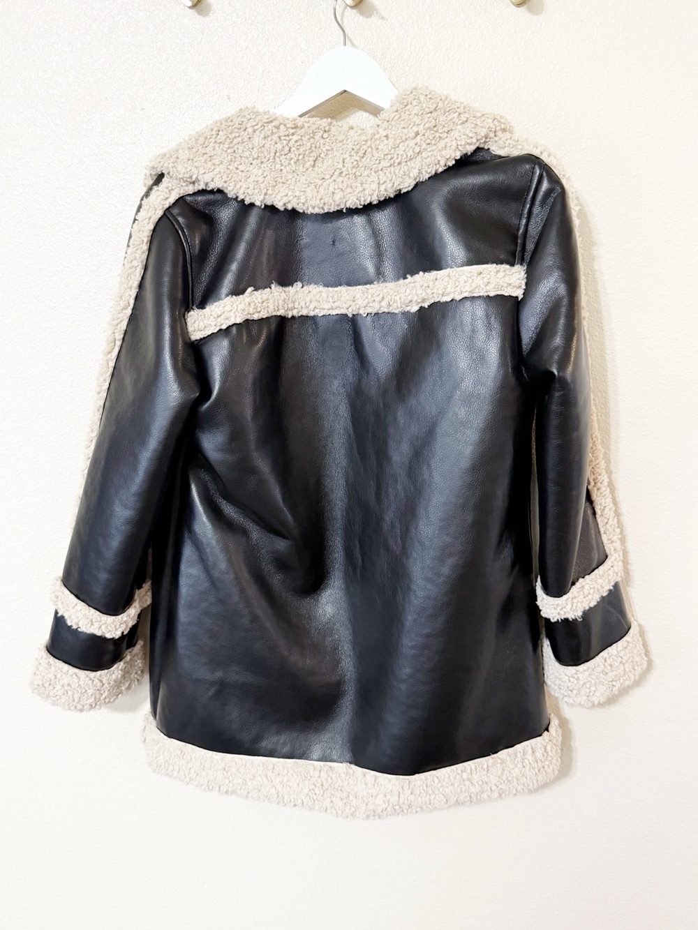 7 For All Mankind Faux Shearling Black Cream Faux Leather Longline Jacket NEW - Picture 8 of 11